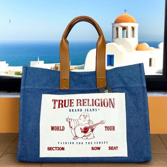 True Religion World Tour Navy Blue Denim Large Tote Bag NWT - Picture 4 of 10